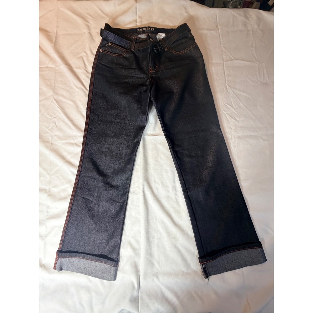 Zenan Girls Dark Wash Orange Stitch Metallic Sheen Wide Leg Belted Jeans 32x30